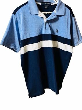 U.S. Polo Assn. Men's M Blue/Navy/White Colorblock Slim Fit Polo Logo Button